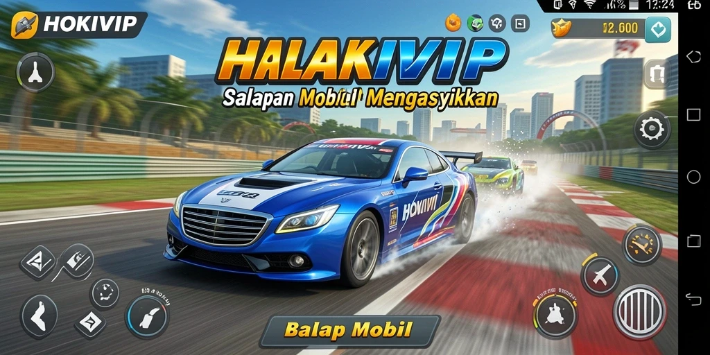 Antarmuka HOKIVIP yang menampilkan aksi balapan mobil yang seru.